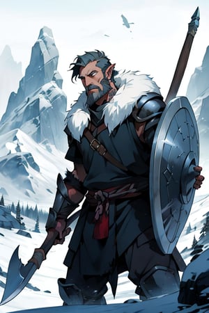 Viking warrior on a mountain, male, (masterpiece) , handsome, short hair, barbarian , armor, cowboy stance, knight, full armor, norse, ancient, fur, athletic, warrior, ,vox machina style, beard, wartorn, viking shield, hold and beared axe, tattoos, bear fur, rohan, mandalorian armor, detailed face, pointy ears