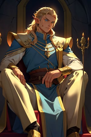 (masterpiece), cowboy stance, letho_soul3142, high elf king, light  hair, blue eyes, handsome, pointy ears, noble, king,vox machina style, throne , strong jaw, ornate, elegant, long hair, mature, masculine gold, crown, sitting on a throne 