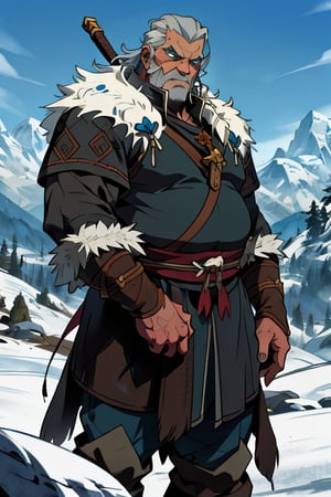 blue eyes, male, (masterpiece), cowboy stance , fur, letho_soul3142, fo,vox machina style, barbarian, greying hair, handsome, older, old man, ,the legend of korra barbarian, fat, leather, in the mountains,  noble, elder, chieftain 