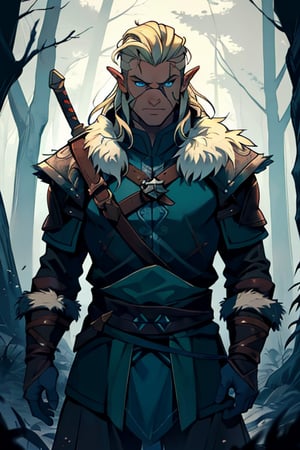  male, (masterpiece), cowboy stance , fur, letho_soul3142, fo,vox machina style, viking, blue eyes eyes, light blond , long hair, undercut, barbarian, pointy ears, young , dark Forrest background , assassin creed, handsome, no shirt