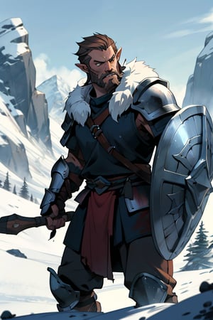 Viking warrior on a mountain, male, (masterpiece) , handsome, short hair, barbarian , armor, cowboy stance, knight, full armor, norse, ancient, fur, athletic, warrior, ,vox machina style, beard, wartorn, viking shield, hold and beared axe, tattoos, bear fur, rohan, mandalorian armor, detailed face, pointy ears, brown hair, chest plate