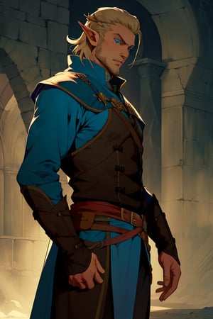 (masterpiece), cowboy stance, letho_soul3142, high elf king, light  hair, blue eyes, handsome, pointy ears, noble, king,vox machina style