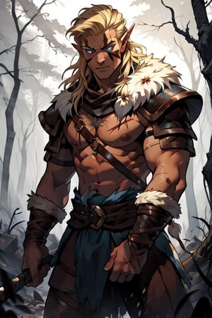  male, (masterpiece), cowboy stance , letho_soul3142, blue eyes,  blond hair , messy hair, barbarian , dark Forrest background , young, shirtless, no shirt, fur, pelt, long hair, young man, rusty shoulder armor, topless, war torn, handsome, war paint on face , pointy ears, abbs, ripped, viking 