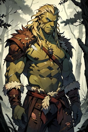  male, (masterpiece), cowboy stance , letho_soul3142, blue eyes,  blond hair , messy hair, barbarian , dark Forrest background , young, shirtless, no shirt, fur, pelt, long hair, topless, war torn, abbs, viking, orc, green skin, 