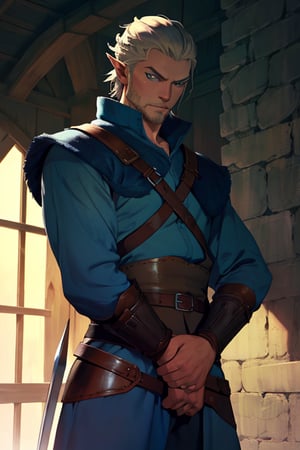 (masterpiece), cowboy stance, letho_soul3142, viking warrior, light  hair, blue eyes, handsome, pointy ears, 