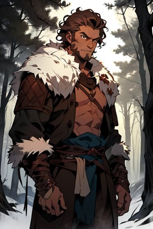  male, (masterpiece), cowboy stance , letho_soul3142, brown eyes,  brown hair , curly hair, barbarian , dark Forrest background , young, shirtless, no shirt, fur, pelt, short hair, young man, armor 