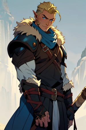  blonde hair blue eyes, male, (masterpiece), cowboy stance , athletic, fur, athletic build, letho_soul3142, fo,vox machina style, pointy ears, barbarian, armor, undercut, handsome 