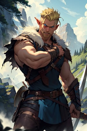 Viking warrior on a mountain, blonde hair blue eyes, male, (masterpiece) , handsome, pointy ears, short hair, undercut, barbarian , cowboy stance, gloomy mountain, blue, viking , war torn, no left eye, strong jaw, dark forrest, blind eye, athletic, rage, thin, clean shaven, fur