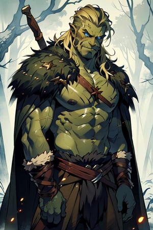  male, (masterpiece), cowboy stance , letho_soul3142, blue eyes,  blond hair , messy hair, barbarian , dark Forrest background , young, shirtless, no shirt, fur, pelt, long hair, topless, war torn, abbs, viking, orc, green skin, strong jaw, cape