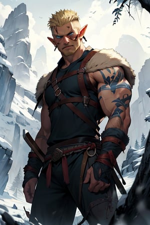 Viking warrior on a mountain, blonde hair blue eyes, male, (masterpiece) , handsome, pointy ears, short hair, undercut, barbarian , cowboy stance, with a sexy lady, gloomy mountain, blue, viking , war torn, no left eye, strong jaw, dark forrest, blind eye, athletic, rage, thin, clean shaven