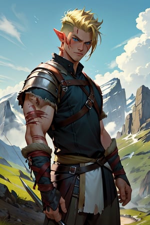 Viking warrior on a mountain, blonde hair blue eyes, male, (masterpiece) , handsome, pointy ears, short hair, undercut, barbarian , cowboy stance, with a sexy lady, gloomy mountain, blue, viking , war torn, scars, no left eye