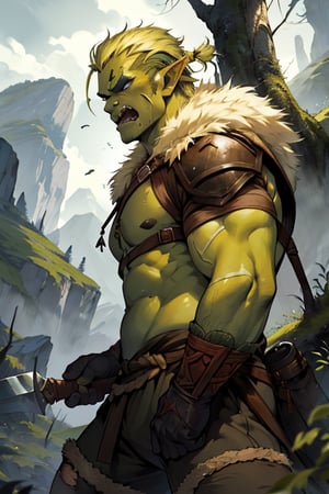 warrior on a mountain, blonde hair blue eyes, male, (masterpiece), pointy ears, short hair, barbarian , cowboy stance, gloomy mountain , war torn, dark forrest, athletic, rage, clean shaven, fur, athletic build, orc, half orc, green skin, different skin color, large teeth, tusk