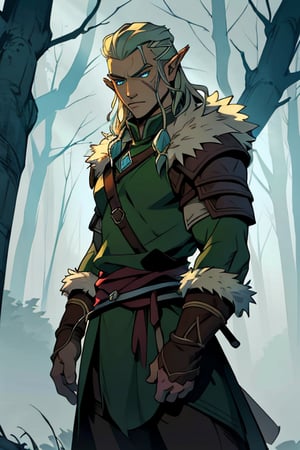  male, (masterpiece), cowboy stance , fur, letho_soul3142, fo,vox machina style, viking, blue eyes eyes, light blond , long hair, undercut, barbarian, pointy ears, young , dark Forrest background , assassin creed,the legend of korra