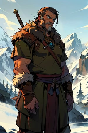 blue eyes, male, (masterpiece), cowboy stance , fur, letho_soul3142, fo,vox machina style, viking, dark brown hair, handsome, older, old man, ,the legend of korra barbarian, fat, leather, in the mountains,  noble, elder, chieftain