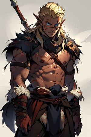  male, (masterpiece), cowboy stance , letho_soul3142, blue eyes,  blond hair , messy hair, barbarian , dark Forrest background , young, shirtless, no shirt, fur, pelt, long hair, young man, rusty shoulder armor, topless, war torn, handsome, war paint on face , pointy ears, abbs, ripped, viking,  