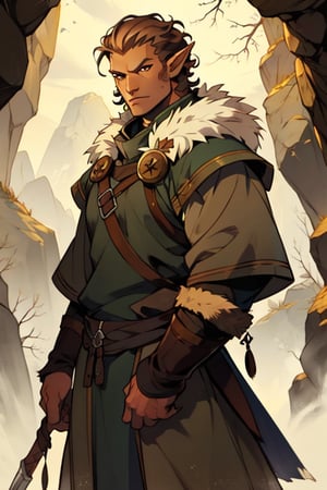  male, (masterpiece), cowboy stance , fur, letho_soul3142, fo,vox machina style, viking, brown eyes, light brown hair, short curly hair, druid, pointy ears, young , curly hair