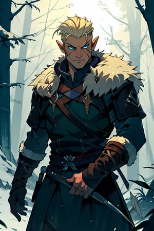  male, (masterpiece), cowboy stance , fur, letho_soul3142, fo,vox machina style, viking, blue eyes eyes, light blond , short hair, ranger, pointy ears, young , undercut, dark Forrest background , assassin creed