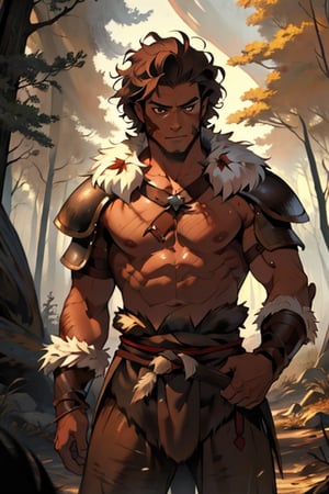  male, (masterpiece), cowboy stance , letho_soul3142, brown eyes,  brown hair , curly hair, barbarian , dark Forrest background , young, shirtless, no shirt, fur, pelt, short hair, young man, rusty shoulder armor, topless