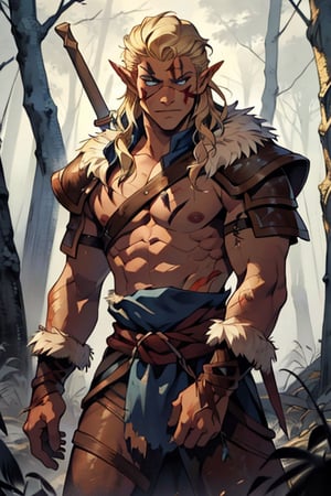  male, (masterpiece), cowboy stance , letho_soul3142, blue eyes,  blond hair , messy hair, barbarian , dark Forrest background , young, shirtless, no shirt, fur, pelt, long hair, young man, rusty shoulder armor, topless, war torn, handsome, war paint on face , pointy ears