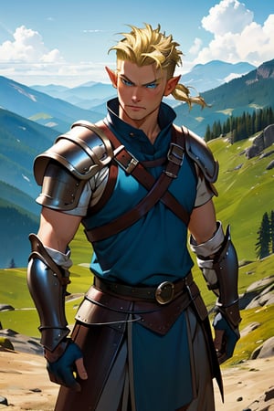 Viking warrior on a mountain, blonde hair blue eyes, male, (masterpiece) , handsome, pointy ears, short hair, undercut, barbarian , armor, cowboy stance 