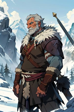 blue eyes, male, (masterpiece), cowboy stance , fur, letho_soul3142, fo,vox machina style, barbarian, greying hair, handsome, older, old man, ,the legend of korra barbarian, fat, leather, in the mountains,  noble, elder, chieftain 