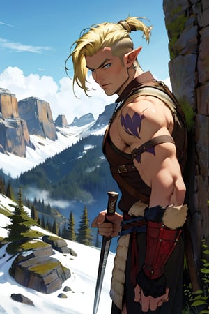 Viking warrior on a mountain, blonde hair blue eyes, male, (masterpiece) , handsome, pointy ears, short hair, undercut, barbarian 