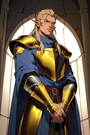 (masterpiece), cowboy stance, letho_soul3142, high elf king, light  hair, blue eyes, handsome, pointy ears, noble, king,vox machina style, strong jaw, ornate, elegant, long hair, mature, masculine gold, crown, gold armor, knight