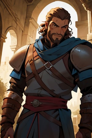 (masterpiece), letho_soul3142, , vox machina style, ezio_soul3142, brown curly hair, brown eyes, muscular, knight, high elf soldier, thin beard, human, ornate armor, 