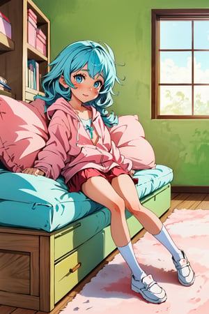 "Delicate pastels capture the innocence of girls in art.", full_body, lolicon, loli, lolita,, open_legs, happy, 1girl, blue_eyes, sole_female, multicolor hair, very long hair, petite,flat_chested,flatchest, cute_eyes, moe2016, backside,  indoors, child room indoor, girl room, pink palette,chubby_female, chubby face, lying