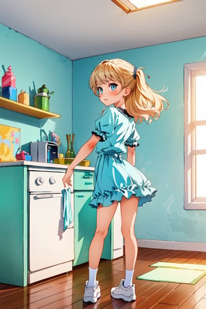 "Delicate pastels capture the innocence of girls in art.", full_body, lolicon, loli, lolita,, open_legs, happy, 1girl, blue_eyes, sole_female, blond_hair, complex_background, long_hair, white_eyelashes, petite,flat_chested,flatchest, cute_eyes, moe2016, backside,  indoors, child room indoor, girl room, pink palette,