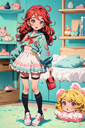 "Delicate pastels capture the innocence of girls in art.", full_body, lolicon, loli, lolita,, open_legs, happy, 1girl, red_eyes, sole_female, redhead, very long hair, petite,flat_chested,flatchest, cute_eyes, moe2016, indoors, child room indoor, girl room, pink palette,chubby_female, chubby face, lying, showing pantie, undressing, unclothed, happy, school_uniform, sit