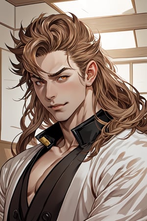 bust_portrait, sole_male, flat_chest, ,complex_background,men, indoors, almost_naked, king, egyptian, eyes_open, portrait, bust,SUKUNA,Shinsengumi Haori,vane /(granblue fantasy/),longhair,very_long_hair,boichi manga,style,a_line_haircut, brown-hair, two-arms
