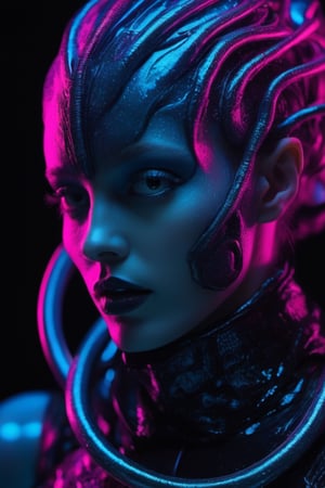 extreme close up of  Lola a trypophobic Bioluminescent surreal futuristic cybernetic neonwired androgynous girl with a lustful look,  fashion inspired by spiral galaxy, unsettling haute couture, boba tea honeycomb, fancy neon color complementary, neon colors, fluor colors,  vantablack, dramatic evocative close-up wild mysterious full body portrait, duotone, designed by HR Giger and Gareth Pugh, photographed by Richard Avedon and halsman,Extremely Realistic, side view, dutch angle, from below, 