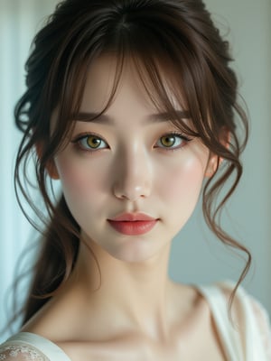 a close up photo on face, 22 years old, Taiwaness woman ,Lineage 2, ears , white suit , ((best quality)), ((masterpiece)), ((realistic)), large breasts,clavicle, bare shoulders, cleavage, attractive, sexy pose , Her loose hair, infused with radiant shimmer, cascades around her, accented by an ethereal icy hair ornament for her hair. Her piercing green eyes captivate with a mix of determination and wisdom.Background blur and bokeh add a dreamlike feel to the scene, accentuated by soft sidelighting that casts a soft glow on her face. Against a light background, the composition displays the Tyndall effect, infusing the air with a captivating vitality. Vibrant colors and meticulous attention to detail make this work of art a true cinematic masterpiece, capturing the majesty, beauty, and magic of the ELF in the Lineage 2. (Wispy bangs haircut model, pose in career pose, sharp dark brown, shooting angle is Wide Angle View, time is Low-key Lighting), large breasts,clavicle, bare shoulders, cleavage, attractive, sexy pose , beautiful,Wonder of Beauty,Knees together feet apart,photorealistic