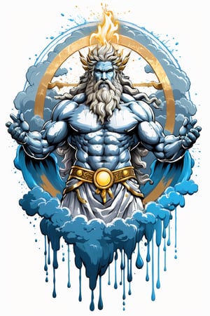 bits of color, hand drawn, realistic sketch, Rough sketch, splash art, dripping ink, bold lines, Artwork of T-shirt design,(( full body , god  Zeus:1.3 ))  , hold , thunder , stormy clouds in a perfect circle shape, flat illustration, vibrant vector, vector image, vintage drawing, white background, 8k