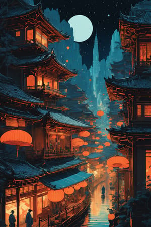 A view of Shinsaibasi in night infographic with illustrations, by victo ngai, kilian eng moody colours, dynamic lighting, digital art, winning award masterpiece, fantastically beautiful, illustration, aesthetically style of Stephan Martiniere, beksinski, trending