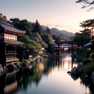 masterpiece, outdoors, (sunrise time), dawn, cozy lights, river, river scenery, ancient kyoto scenery, kyoto garden, kyoto architecture, | depth of field, bokeh, 