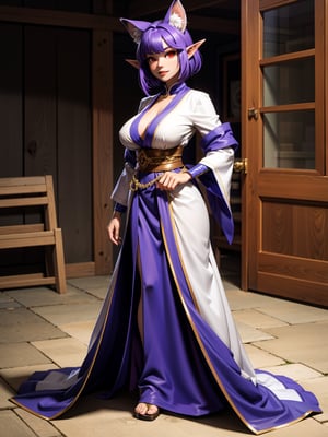 A fox woman, wearing a white kimono with blue parts, ((gigantic breasts)), dark purple hair, short hair, straight hair, hair with clips, hair with bangs in front of the eyes, ((fox ears)), looking at the viewer, (((pose with interaction and leaning [on something in the background|on an object in the background))), background in a wooden house with furniture, bed, wooden frames, window, is daytime, ((full body):1.5), 16k, UHD, best possible quality, ultra detailed, best possible resolution, Unreal Engine 5, professional photography, well-detailed fingers, well-detailed hand, perfect_hands, perfect, GoodHands-beta2, Furtastic_Detailer, ((fox woman))

Undressed, front view, with large and voluptuous breasts, sexy and provocative ass