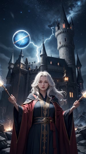 (wizard lady:0.8),(wielding a staff with a blue magic sphere emitting lightnings. The magic sphere is the only source of light. The lady is a beautiful 30 years old woman with a beautiful body and a serious face. Dirt and old scars on her tanned skin. Her robes is too tight for her.long messy white hair:1.5),(small wizard hat:0.6),shining hair,shining robes,(calestial background:0.8),(spark of fire and lightning:0.8),(red black robes:0.8),(black mages:0.8),robes with ornament,destruction land,blue aura,stars,hogwart castle on the background,magic shoop