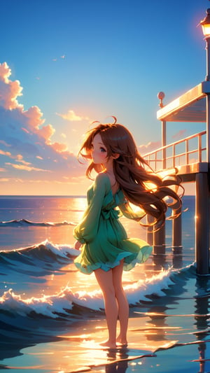 (in the style of Sam Butcher:1.3), An anime one girl, {masutepiece}, ((Best Quality)), high resolution, {{Ultra-detailed}}, {extremely detailed CG}, {8k wall paper},kawaii, Lonely pier, Watching the horizon, Early morning, Wide shot, Gentle waves, Calm sea meeting the dawn, Reflection on water, Solitude, Flowing dress, Hair swaying with the breeze