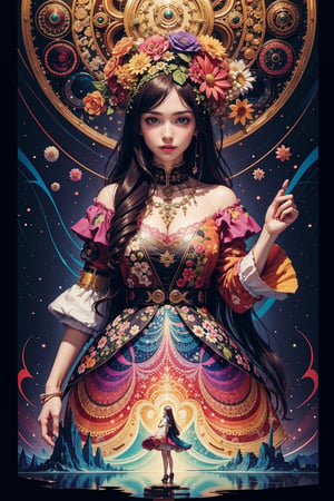 masterpiece, best quality, official art, aesthetic, 1girl, detailed background, isometric, psychedelia art, flower, fractal art