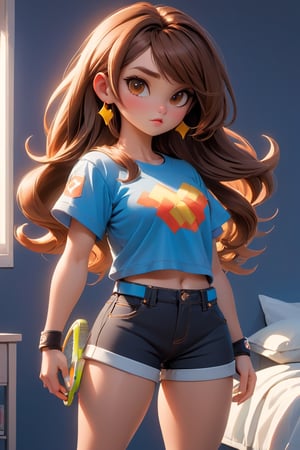 pixar concept art, 3d style, toon, masterpiece, best quality, good gloss, OC rendering, best quality, 4K, super detail, 1 girl, ((full body)), looking at viewer, standing, shiny skin, skin fair, warrior stance, blue jeans shorts and gray t-shirt, queen, tall, slim, white skin, brown hair, brown eyes, long hair, long nose, full lips, prominent chin, natural breasts, bright cream lipstick, absolute_territory, tight, spandex, black, tennis, stockings, glamour, bedroom, street background, clean background, straight hair, hime cut, digital artwork, illustrative, painterly, matte painting, highly detailed