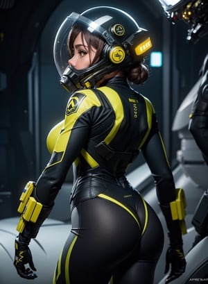 Highly detailed RAW color Photo, Full Body, of (female space soldier, wearing vivid dark yellow and black space suit, helmet, tined face shield, rebreather, accentuated booty)provacative pose, outdoors, (looking up at advanced alien structure), toned body, big breasts,nipples,big butt, (sci-fi), (mountains:1.1), (lush green vegetation), (two moons in sky:0.8), (highly detailed, hyperdetailed, intricate), (lens flare:0.7), (bloom:0.7), particle effects, raytracing, cinematic lighting, shallow depth of field, photographed on a Sony a9 II, 50mm wide angle lens, sharp focus, cinematic film still from Gravity 2013, (NSFW)

Undressed, front view, with large and voluptuous breasts, sexy and provocative ass