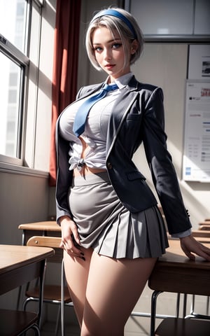 ((1girl, adorable, happy)), ((white shirt, grey necktie, grey skirt, grey blazer, polite high school uniform)), (hairband, white hair, short hair, blue eyes, makeup), (large breasts, large ass, thick thighs, wide hips, voloptuous), graceful pose, class room,

 Undressed, front view, with large and voluptuous breasts, sexy and provocative