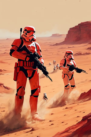 Masterpiece, 8k, chinese ink drawing, 1080P, vast desert, facing fears, 6000, splashes of dark red to faint light orange, lost, 3 stormtroopers with combat weathered armors and a blaster, sadness, confusion, depravade, crawling, dying of thirst, begging the skies for help