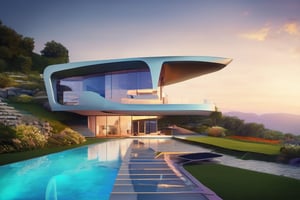 Futuristic house, high tech, pool, path, hill, garden,

colorful,  ultra highly detailed,  32 k,  
