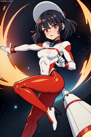 1girl, flat_breasts, cute, beautiful detailed eyes, shiny hair, visible through hair, hairs between eyes, CCCPposter, sovietposter, red monochrome, soviet poster, soviet, communism, Black_hair, red_eyes, vampire, teenage, poorbreast, Spacesuit:Orange_clothing_body:jumpsuit), white_gloves, white_space shoes, white_helmet, the CCCP red letters on the top of helmet, weightlessness, Side light, reflection, The person in the spacesuit is at the bottom left of the frame, The right hand is outstretched, the right hand gently touches the Salyut space station), Space station in the upper right corner of the screen, Reflected light from the sun, Silver metal, red flag, brilliance, USSR style, diffuse reflection, Metallic texture, The vista is a blue Earth, mecha style, the sea of star, high tone, magnificent,k4k3k,anime

Undressed, front view, with large and voluptuous breasts, sexy and provocative ass