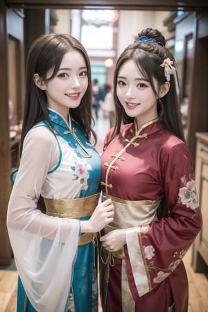 (masterpiece), 1girl, long brown hair, medium breast,  han chinese clothing,laughing and chatting,cosplay costume,2 girl,