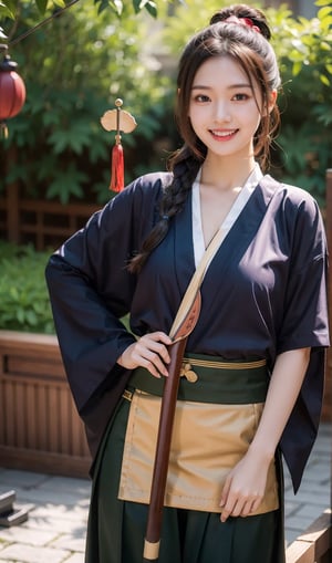(masterpiece), 1girl, long brown hair, medium breast, hakama, holding bow, arrow, weapon over shoulder,laughing and chatting,cosplay costume,1 girl,chinese talisman on forehead,Wearing edgTemptation