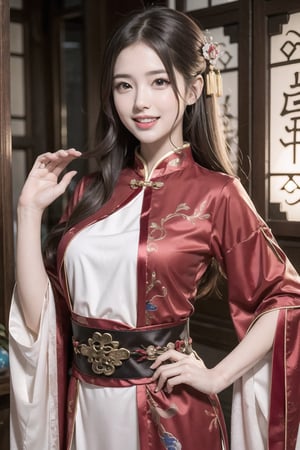 (masterpiece), 1girl, long brown hair, medium breast,  han chinese clothing,laughing and chatting,cosplay costume,1 girl,chinese talisman on forehead,Wearing edgTemptation